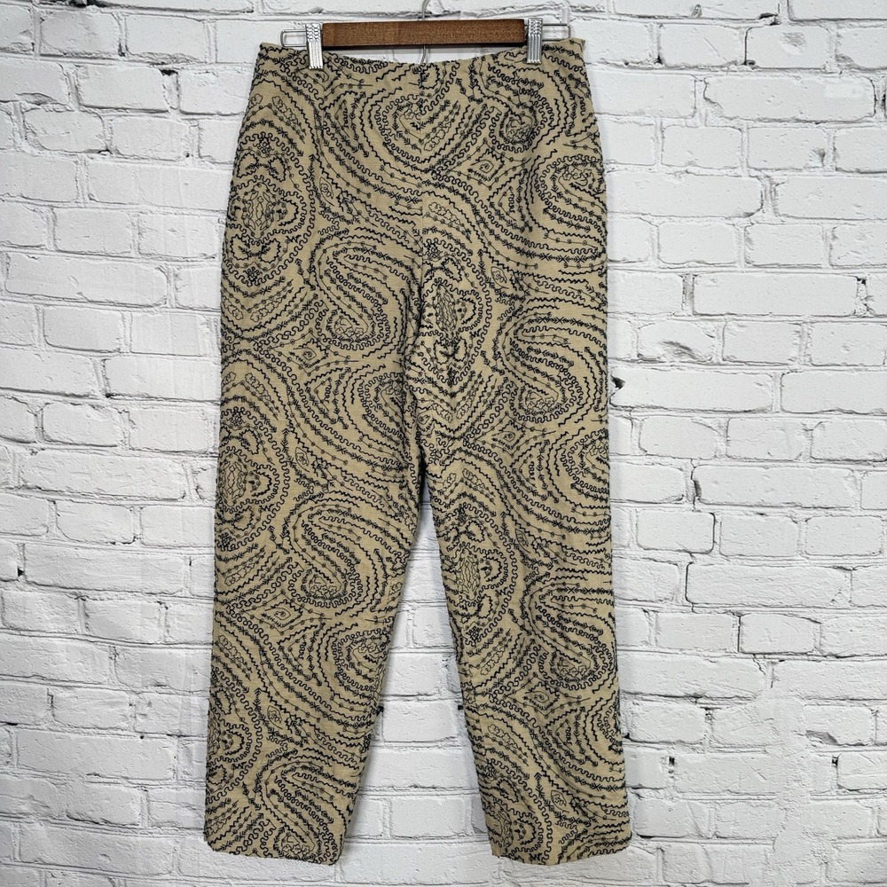 Talbots Linen Blend Pants Size 10 Lined Beige Navy Embroidered Side Zip‎ 29x28